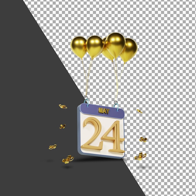 Kalendermonat 24. mai mit goldenen ballons 3d-rendering isoliert