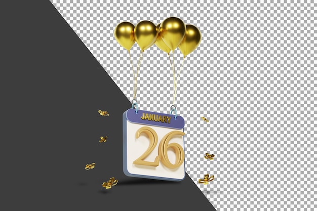 Kalendermonat 26. januar mit goldenen ballons 3d-rendering isoliert