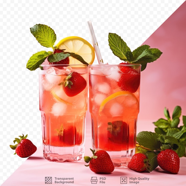 PSD kaltes sommergetränk, bestehend aus prickelnden gläsern, gefüllt mit einem beerencocktail aus frischen erdbeeren, zitronen, eis und minze, auf einem tisch mit platz zum kopieren