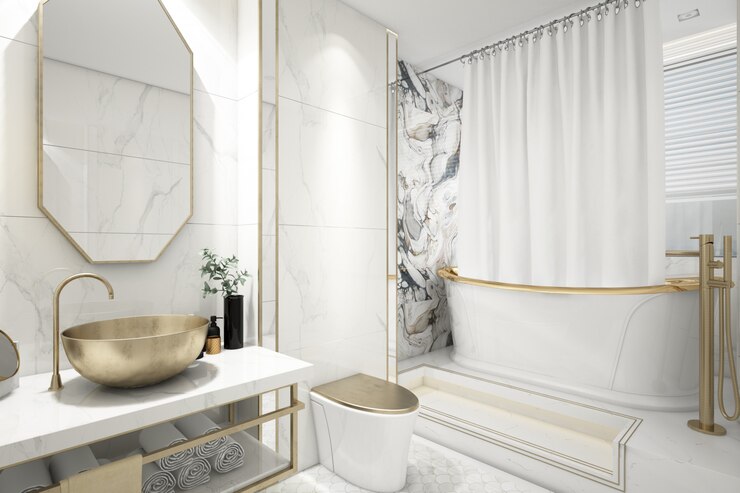 PSD kamar mandi elegan realistis dengan bak mandi