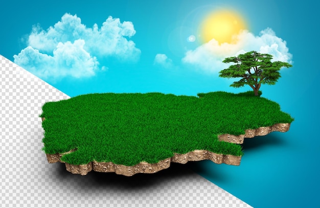 Kambodscha Karte Realistische 3D-Karte von Wolken Baum Sonnenstrahlen auf strahlend blauem Himmel 3D-Darstellung