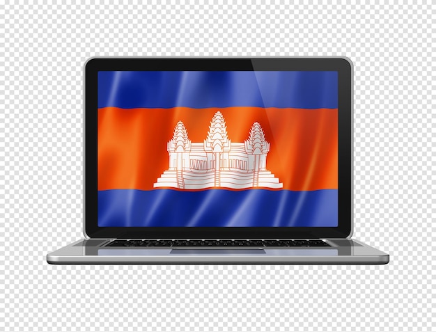 Kambodschanische Flagge auf dem Laptopbildschirm isoliert auf weißer 3D-Darstellung