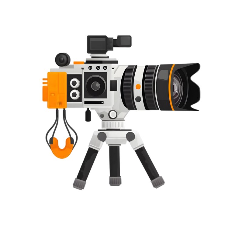 PSD kamera profesional dengan lensa telefoto pada ilustrasi peralatan fotografi hightech tripod