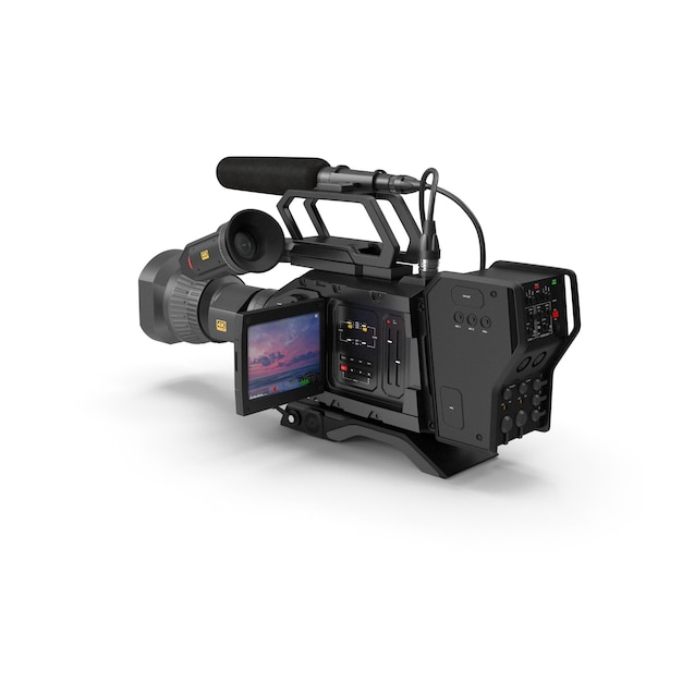 Kamera video profesional dengan mikrofon dan layar untuk penyiaran dan perekaman