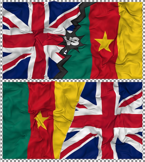 Kamerun gegen Großbritannien Halbkombinierte Flagge Stoff-Bump-Textur 3D-Rendering