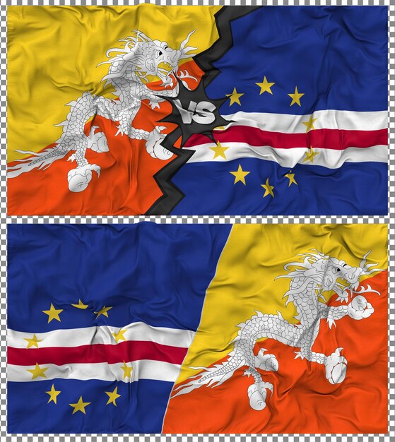 Kap Verde gegen Bhutan Halbkombinierte Flagge Stoff-Bump-Textur 3D-Rendering