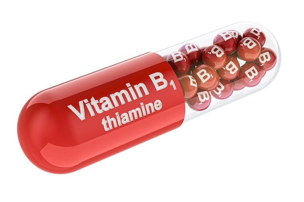 Kapsel mit B1 Thiamin 3D-Rendering, isoliert auf transparentem Hintergrund