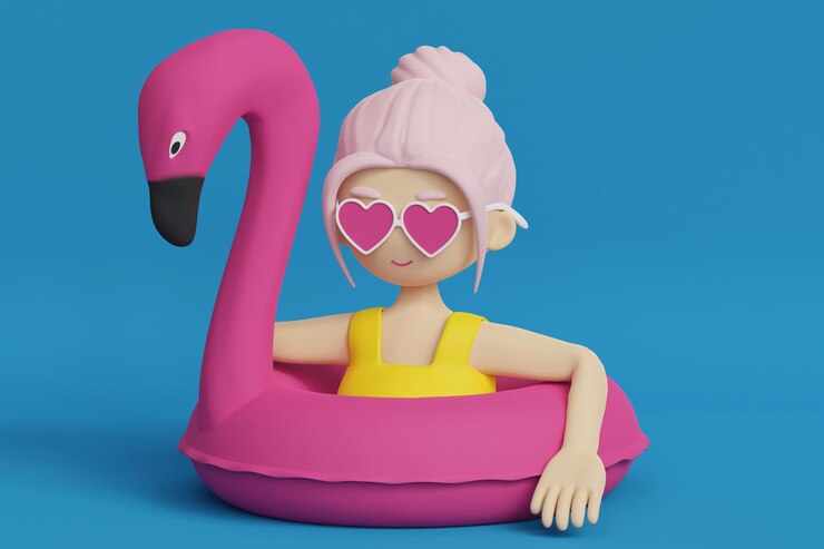 PSD karakter wanita kartun berkacamata berbentuk hati berenang di atas flamingo merah muda tiup render 3d