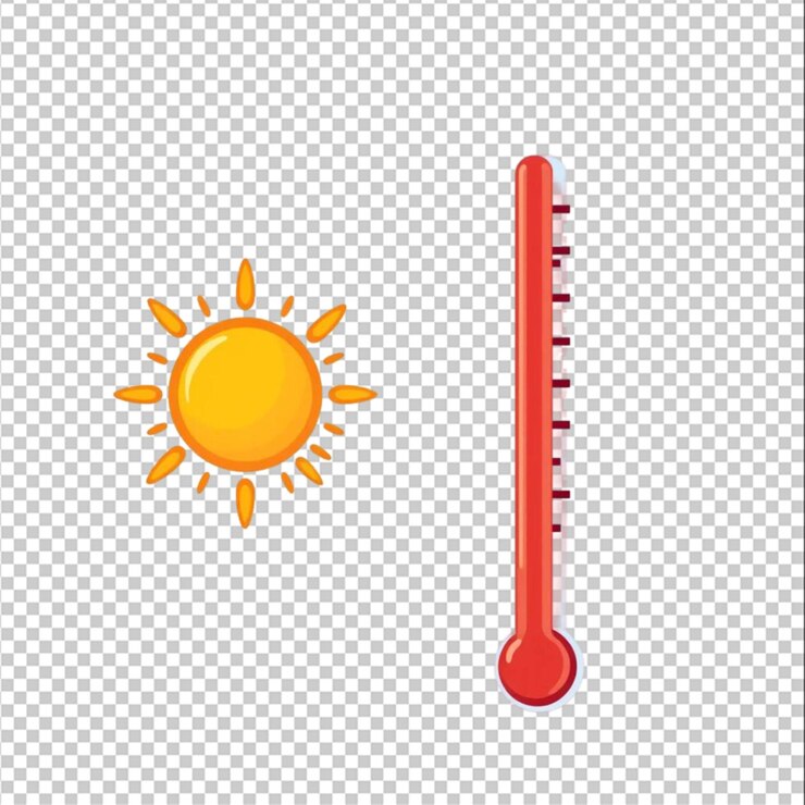 PSD karikatur-stil realistisches vektor-symbol heißes und kaltes thermometer mit sonne und schneeflocke