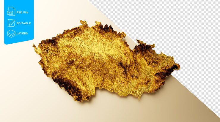 PSD karte der tschechischen republik, goldene höhenkarte aus metall auf beigem hintergrund, 3d-illustration