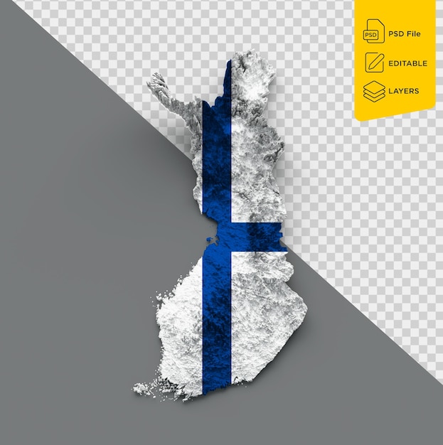 PSD karte von finnland fahne von finnland schattenrelief farbe höhe karte auf grauem hintergrund 3d-illustration