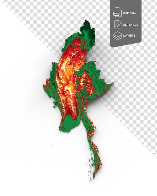 PSD karte von myanmar flagge farben grün und rot schattiert relief karte auf weißem hintergrund 3d-illustration