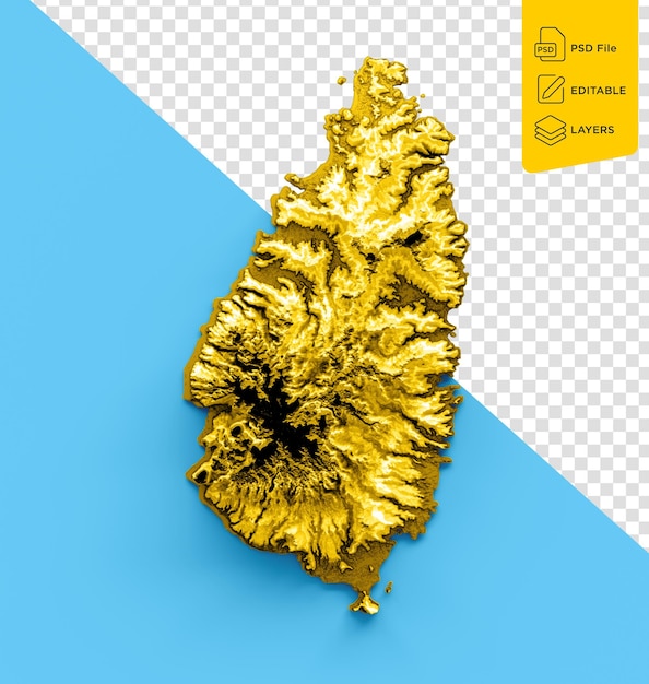 Karte von saint lucia fahnenfarben gelb und gold schattenrelief karte auf blauem hintergrund 3d-illustration