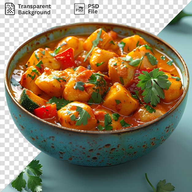 PSD kartoffel-gemüse-curry in einer blauen schüssel auf einem blauen tisch, garniert mit einem grünen blatt
