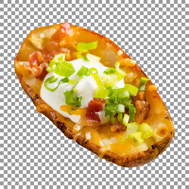 Kartoffel mit käse und frühlingszwiebeln auf transparentem hintergrund
