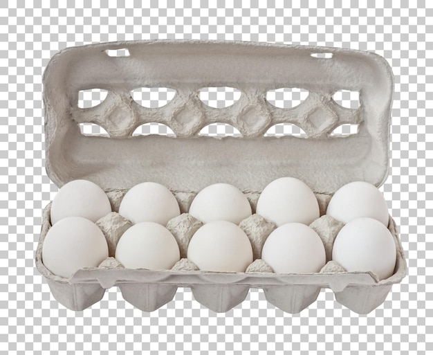 Karton mit weißen Eiern isoliert auf transparentem Hintergrund