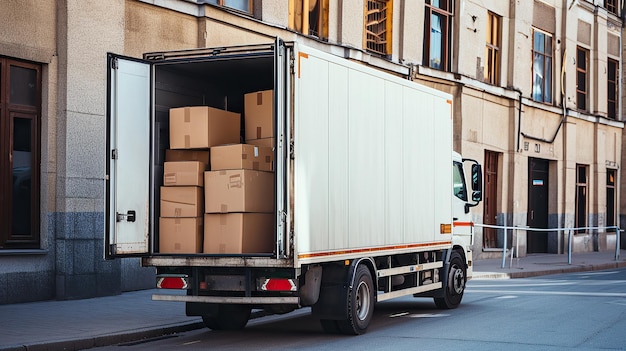 Kartonkisten aus Logistiklagern in offenen LKW-Paketen, die in Container geladen werden
