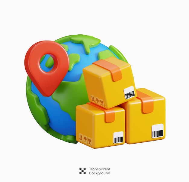 Kartonkisten und Globus mit isolierter Standortspitze Express Worldwide Delivery-Symbol 3D-Rendering