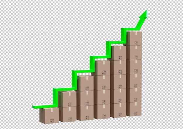 PSD kartons gestapelt auf diagramm mit grünem pfeil, der die wachstumsrate der produktion anzeigt. exporte, importe und logistikkonzept. 3d-rendering