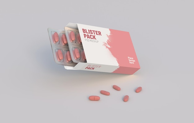 Kartonverpackung mit zwei Blisterpackungen mit Vitaminpillen Mockup-Vorlage 3D-Rendering