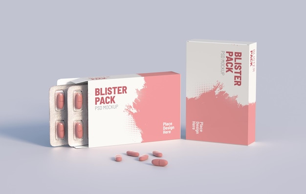 Kartonverpackung mit zwei Blisterpackungen mit Vitaminpillen Mockup-Vorlage 3D-Rendering