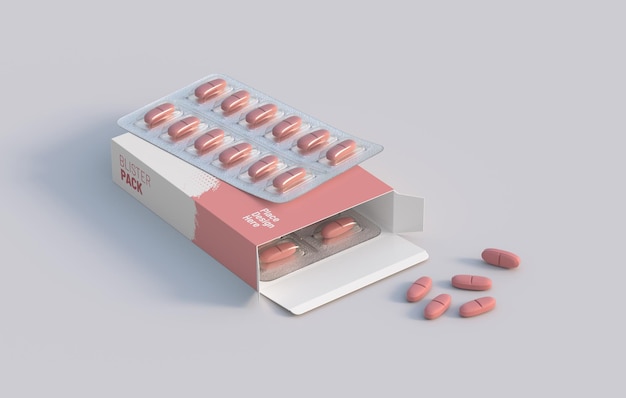 PSD kartonverpackung mit zwei blisterpackungen mit vitaminpillen mockup-vorlage 3d-rendering