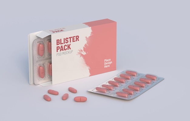 Kartonverpackung mit zwei blisterpackungen mit vitaminpillen mockup-vorlage 3d-rendering