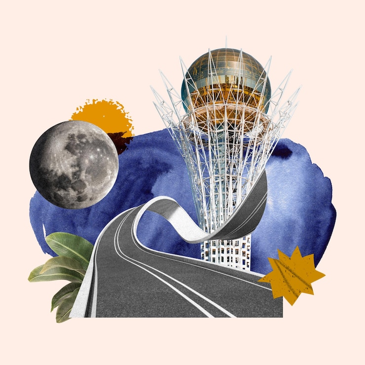 PSD kasachische zeitgenössische kunstwerke von baiterek stadt astana kreative collage im retrostil