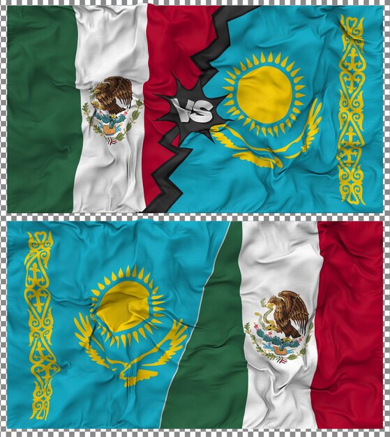 Kasachstan gegen Mexiko Halbkombinierte Flagge Stoff-Bump-Textur 3D-Rendering