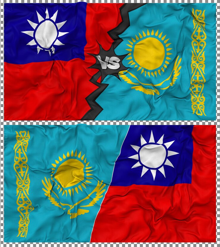 PSD kasachstan gegen taiwan halbkombinierte flagge stoff-bump-textur 3d-rendering