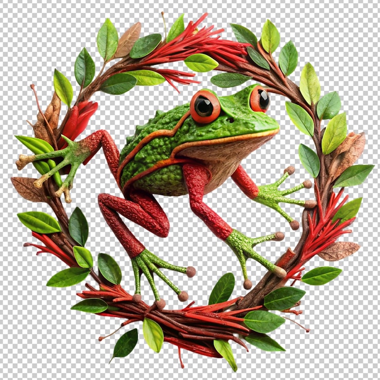PSD katak merah dan hijau di atas daun karya seni visual terisolasi latar belakang transparan