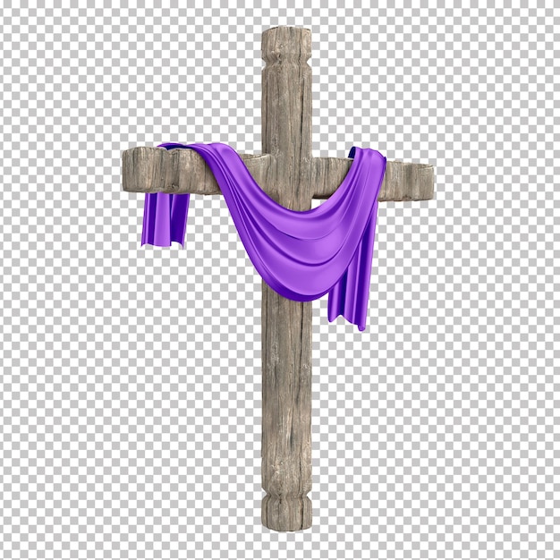 Katholisches Kreuz mit purpurfarbenem Tuch, das die Trauer um Christus symbolisiert