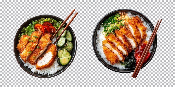 PSD katsu de pollo con arroz en un cuenco aislado en un fondo transparente corte de vista superior png