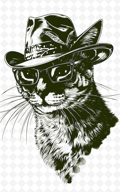 Katze, die eine fedora mit einem coolen savannah-ausdruck trägt porträt tiere skizze kunst vektorkollektionen