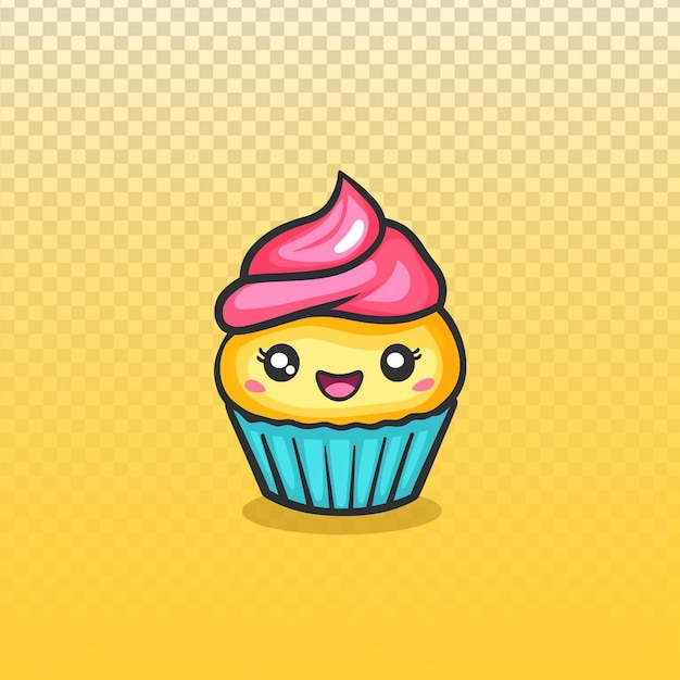 Kawaii-Cartoon-Cupcake mit buntem Frosting und Anime-Gesicht