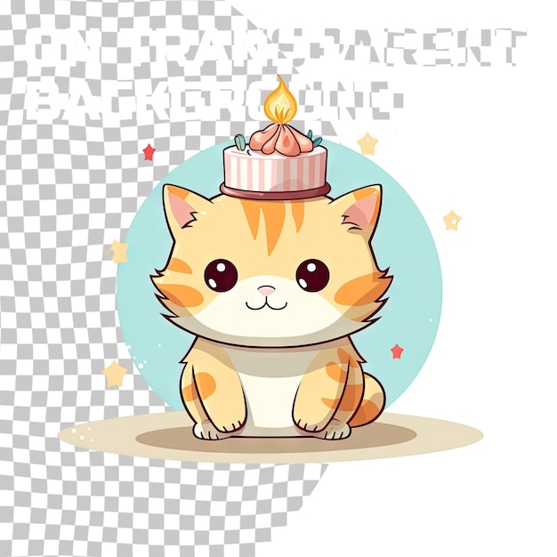PSD kawaii un chat dans une chemise et un chapeau lettrage joyeux anniversaire illustration vectorielle dessin de carte de vœux pour votre conception isolé sur un fond transparent