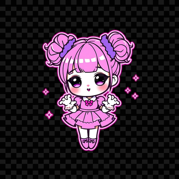 PSD kawaii chibi chica con bollos gemelos estilo de moda lolita vestido con un vestido frilly y guantes de encaje neo