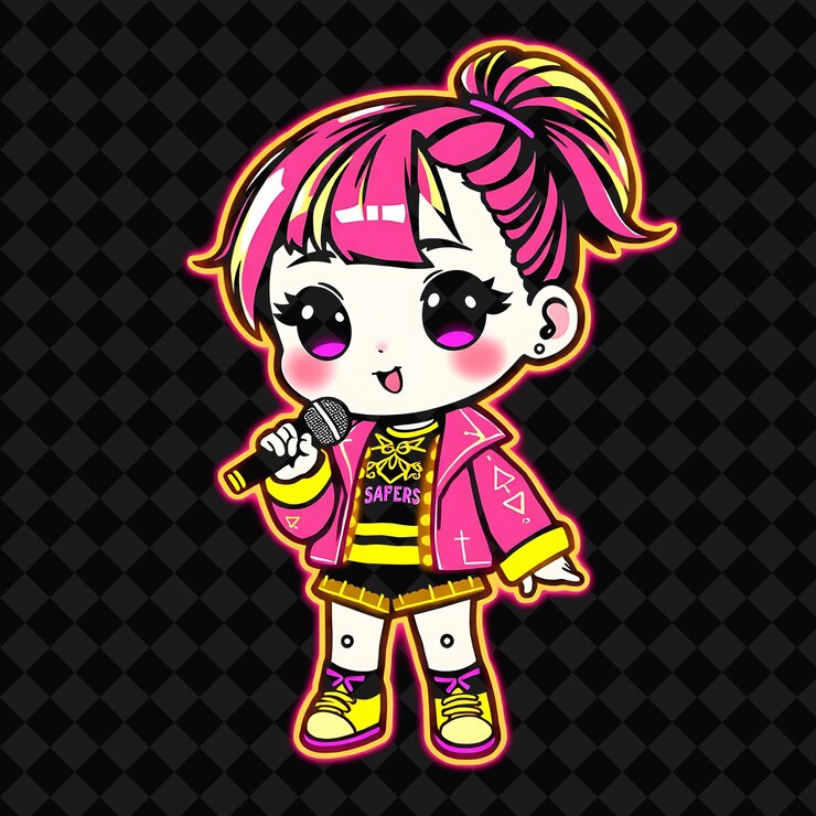 PSD kawaii chibi chica con cola de caballo estilo de moda pop idol con un traje de escenario brillante y micro