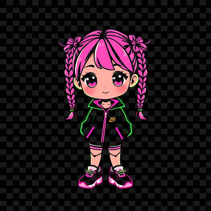 PSD kawaii chibi chica con colas gemelas trenzadas ropa deportiva atlética estilo de moda con un tracksu