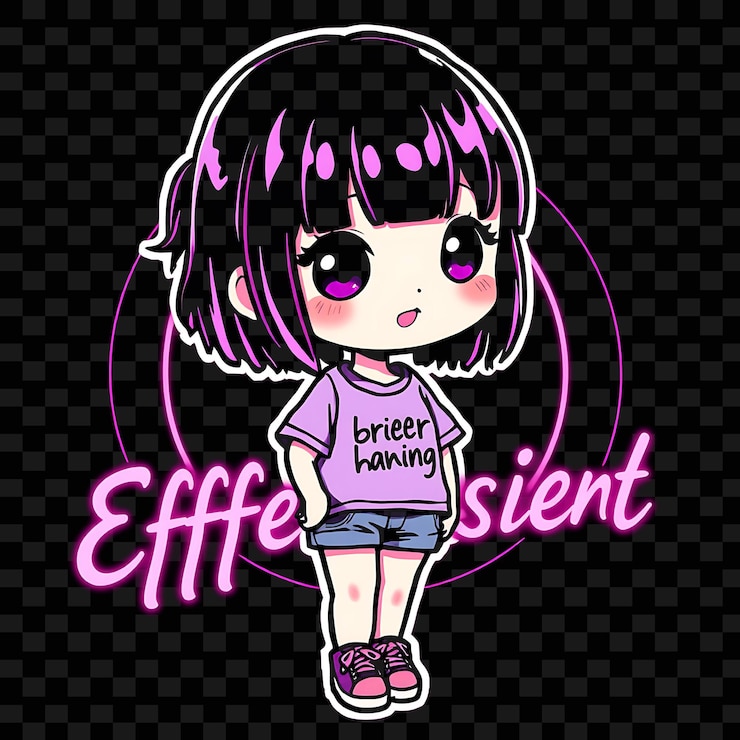 PSD kawaii chibi chica con franja lateral barrida estilo de moda de la calle casual con una tee gráfica y de