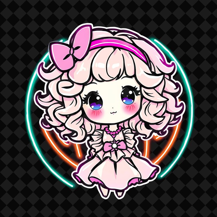 PSD kawaii chibi garota com cabelos encaracolados fada kei estilo de moda usando uma faixa de cor pastel e