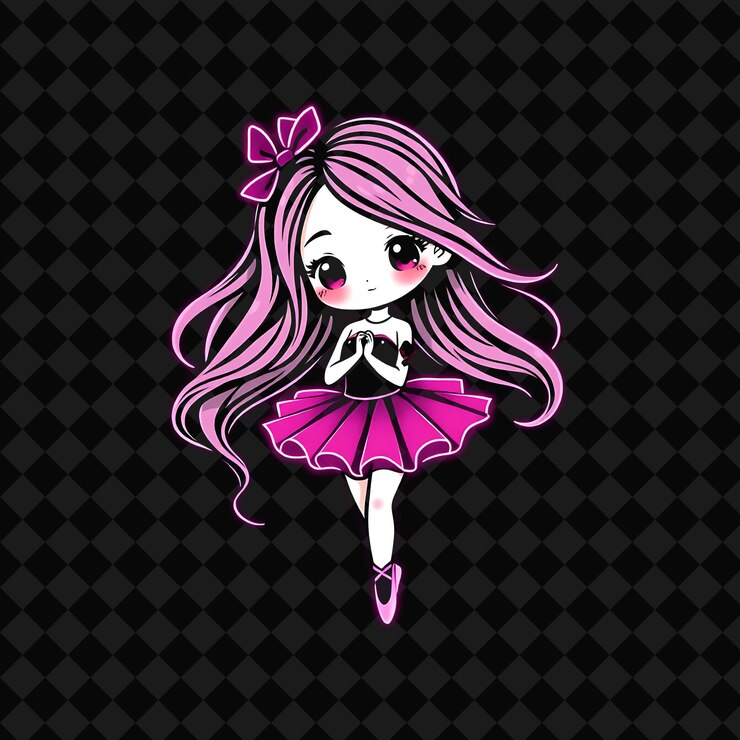 PSD kawaii chibi garota com cabelos longos e fluídos elegante bailarina estilo de moda vestindo um tutu e bola