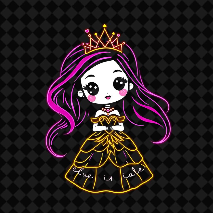 PSD kawaii chibi garota com cabelos longos e fluídos elegante estilo de moda de princesa usando uma tiara e bola