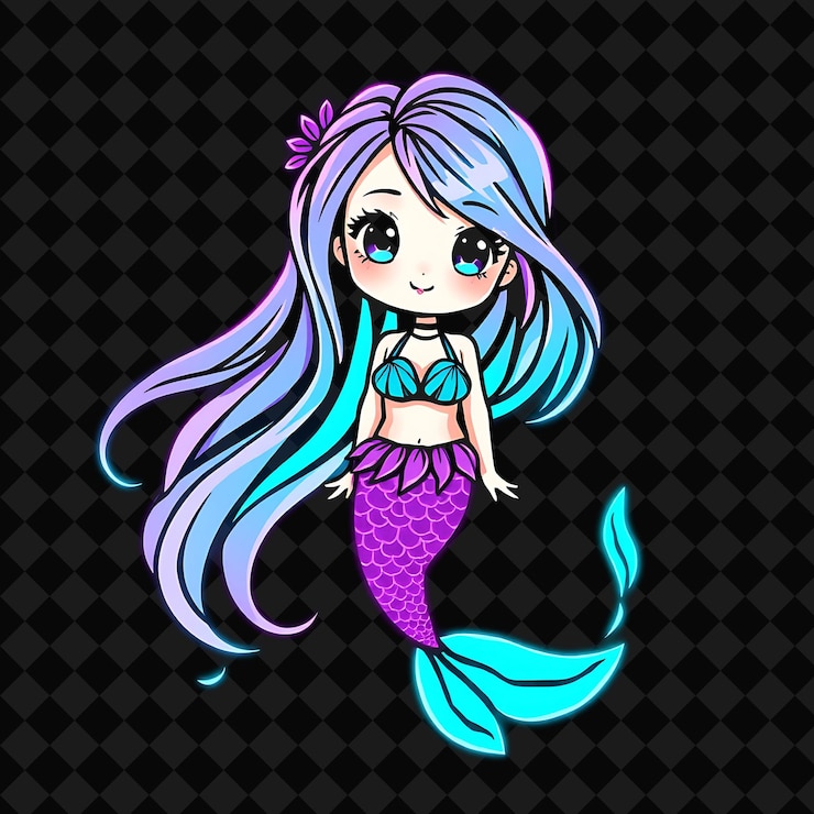 PSD kawaii chibi garota com cabelos longos fluindo estilo de moda sereia vestindo um top de biquíni de concha e