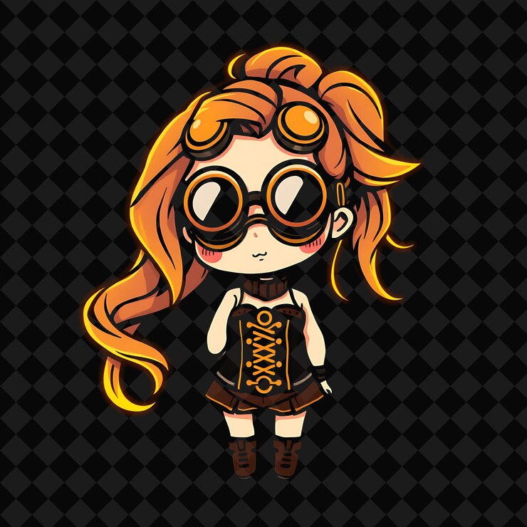 PSD kawaii chibi garota com cauda de cavalo ondulada estilo de moda steampunk usando um espartilho e óculos de neon g