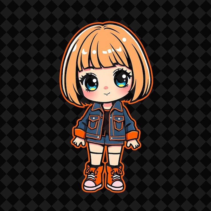 PSD kawaii chibi girl con i capelli bob tagliati in stile retro degli anni '80, indossa una giacca di denim e gambe calde