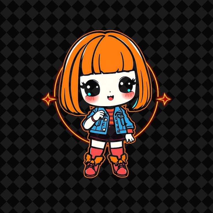 PSD kawaii chibi-mädchen mit bob-schnitt, 80er-jahr-retro-fashion-stil, trägt eine denimjacke und warme beine