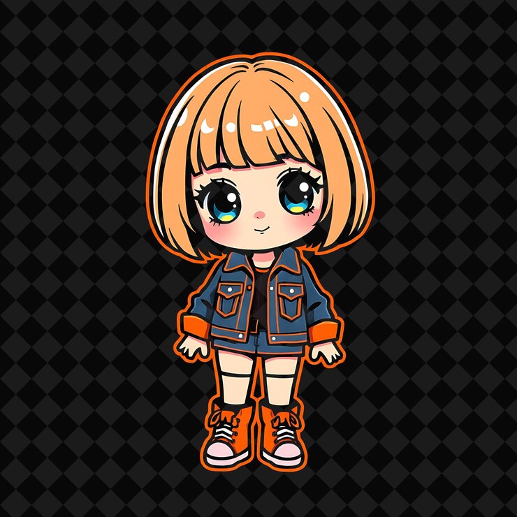 PSD kawaii chibi-mädchen mit bob-schnitt, 80er-jahr-retro-fashion-stil, trägt eine denimjacke und warme beine