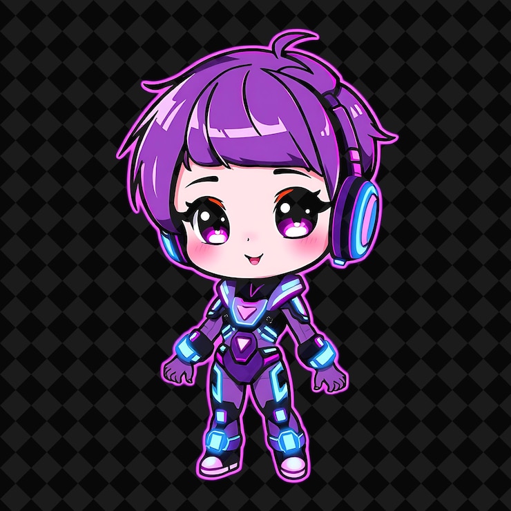 PSD kawaii chibi-mädchen mit pixie-schnitt und futuristischem cyber-fashion-stil mit high-tech-bodysui