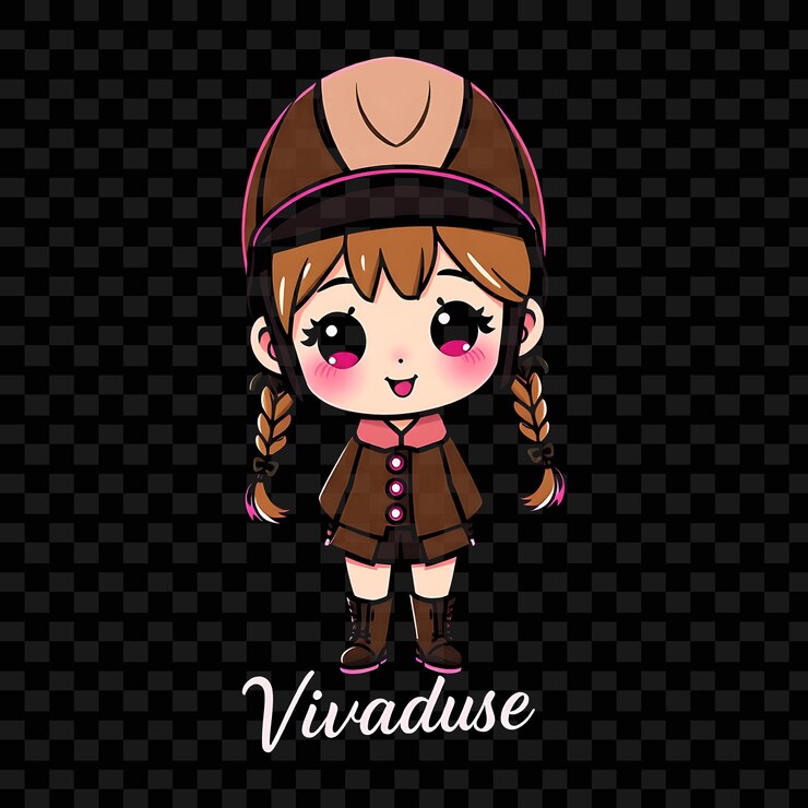 PSD kawaii chibi ragazza con coda intrecciata stile di moda equestre indossando un casco da cavallo e boo